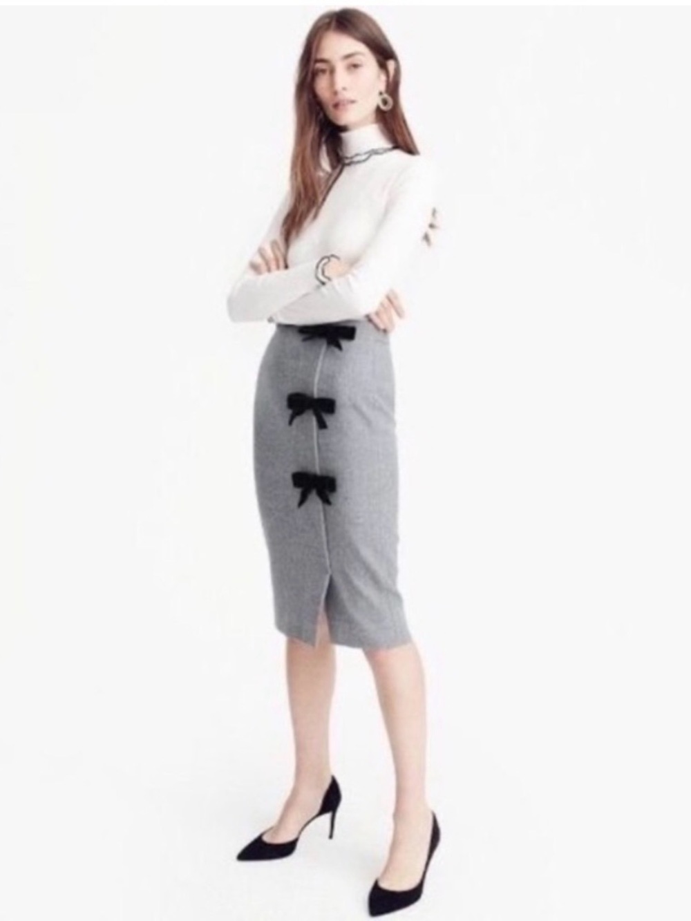 J. Crew Wool Light Gray Pencil Skirt with Bow Accents